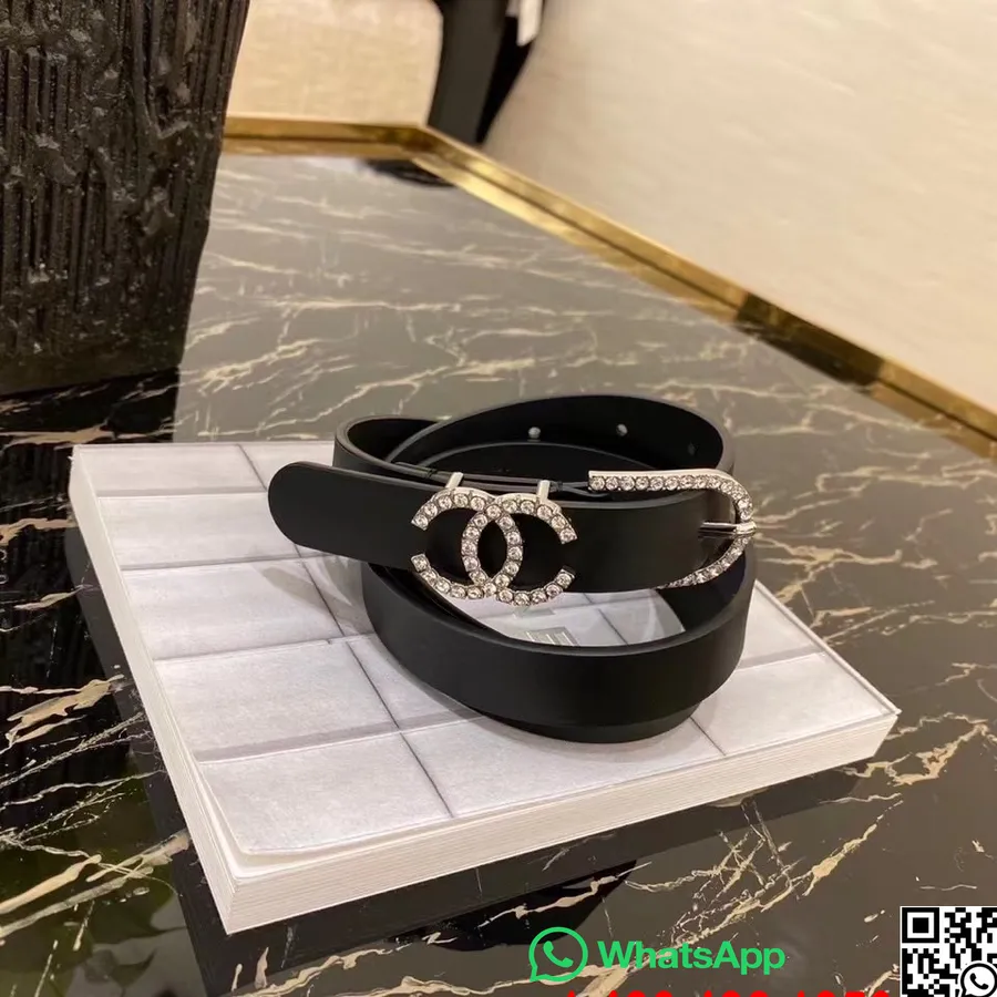 Chanel Rhinestone Embellished CC Buckle Belt 2CM Silver Hardware Calfskin Leather Fall/Winter 2020 Collection,  Black