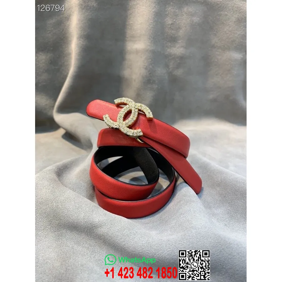 Chanel Rhinestone CC Logo 1.5CM Belt Gold Hardware Grained Calfskin Leather Fall/Winter 2020 Collection, Red