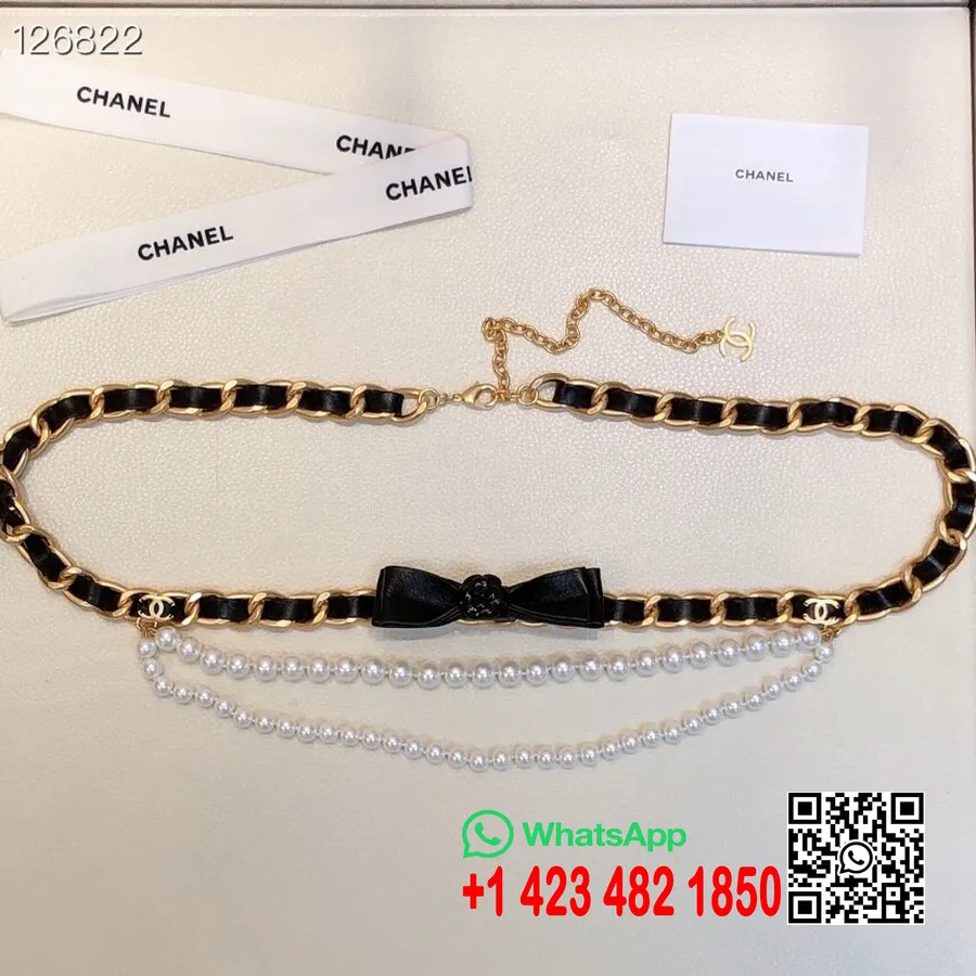 Chanel Pearl Chain Woven 1mm Waist Pas Gold Hardware Telečje Usnje Kolekcija Jesen/zima 2020, črna