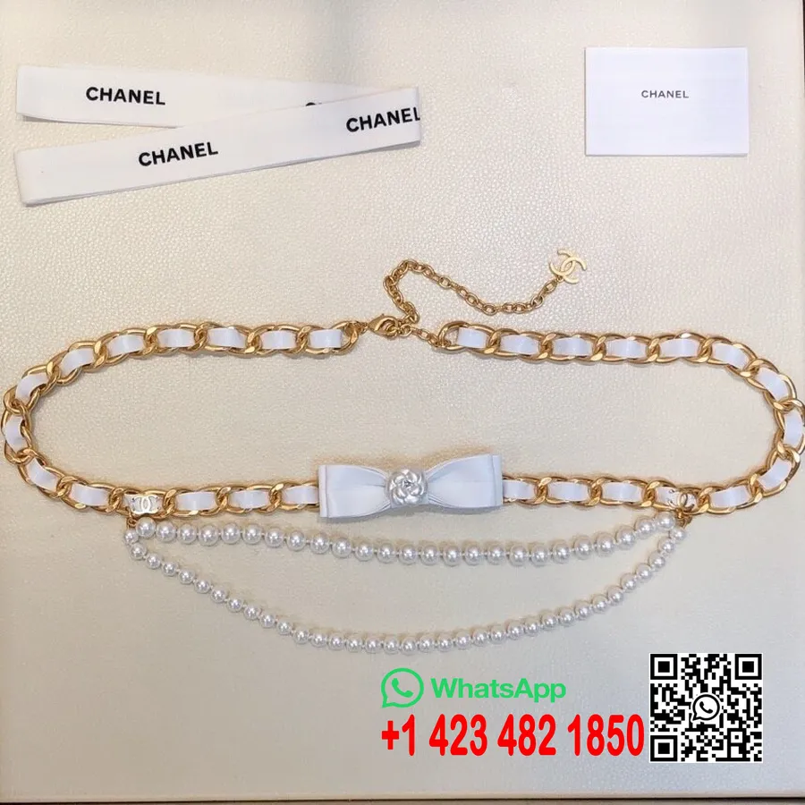 Chanel Pearl Chain Woven 1mm Waist Pas Gold Hardware Telečje Usnje Kolekcija Jesen/zima 2020, Bela