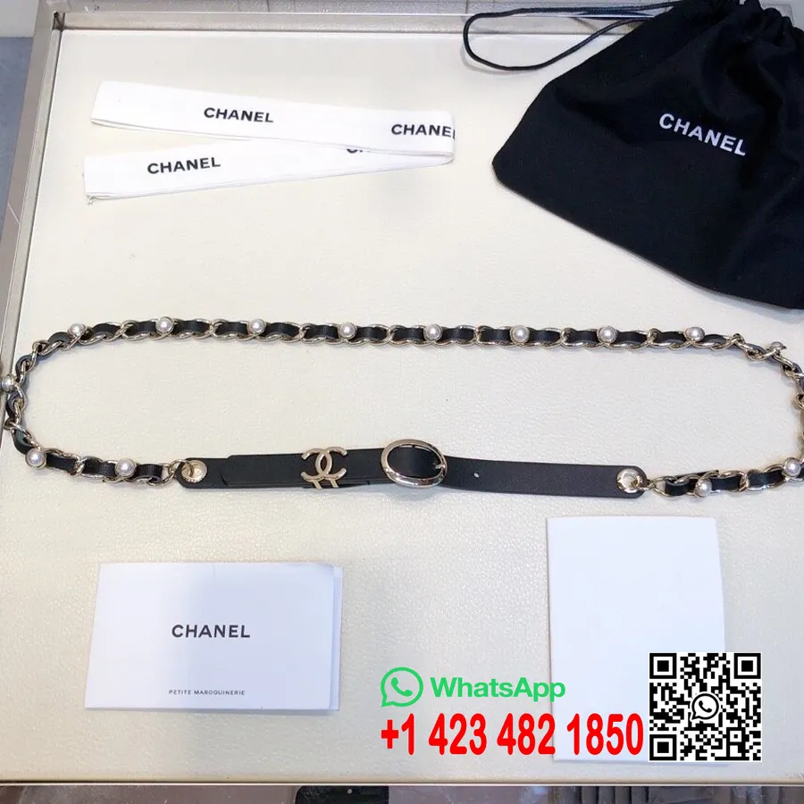 Chanel Pearl Chain Woven 1mm Belt Gold Hardware Telečje Usnje Kolekcija Jesen/zima 2020, črna