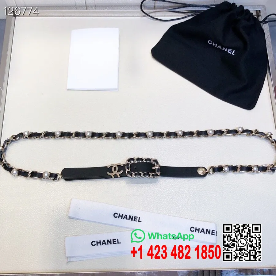 Chanel Pearl Chain Woven 1mm Belt Gold Hardware Telečje Usnje Kolekcija Jesen/zima 2020, črna