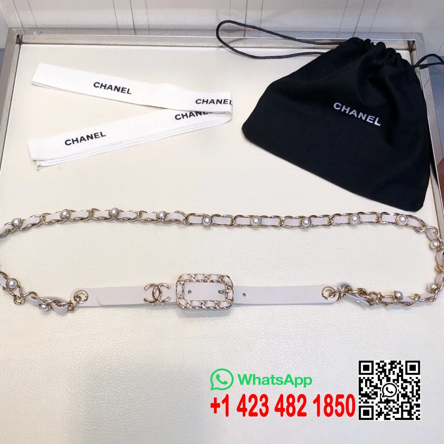 Chanel Pearl Chain Woven 1mm Belt Gold Hardware Telečje Usnje Kolekcija Jesen/zima 2020, Bela