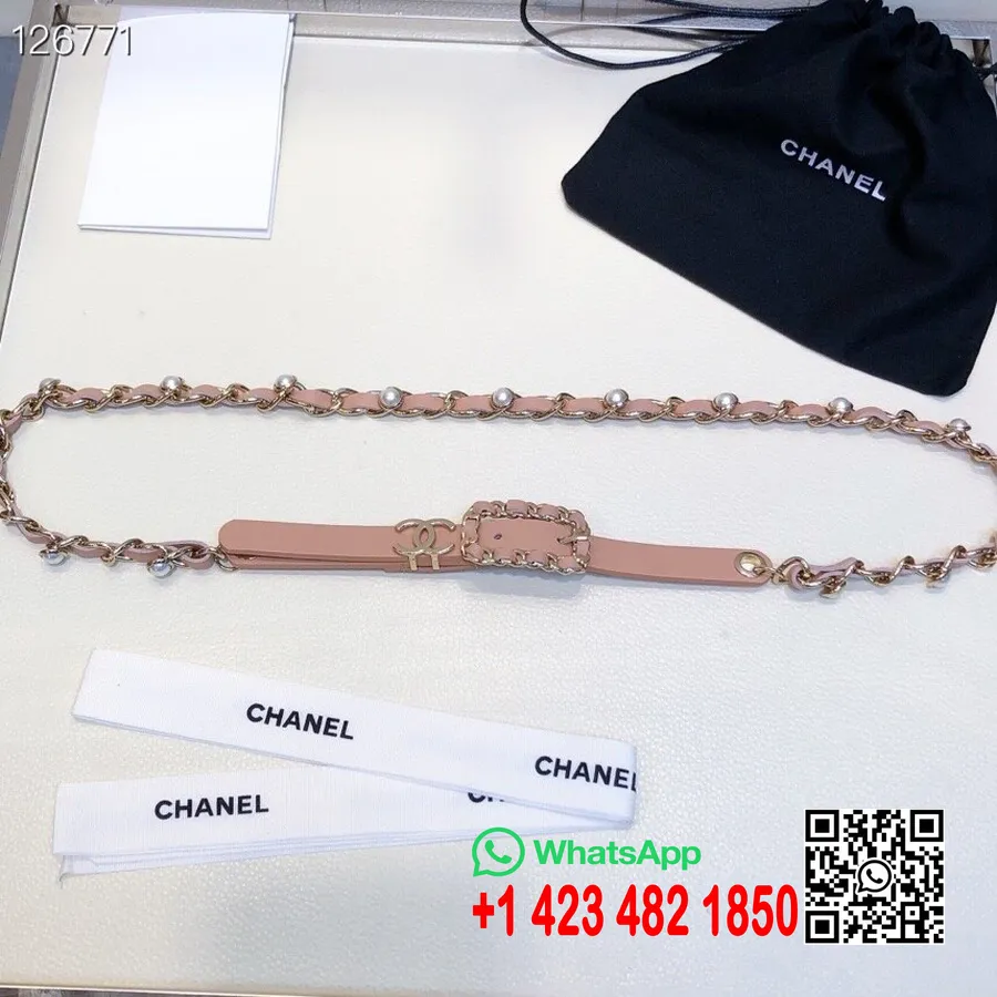 Chanel Pearl Chain Woven 1mm Belt Gold Hardware Telečje Usnje Kolekcija Jesen/zima 2020, Roza