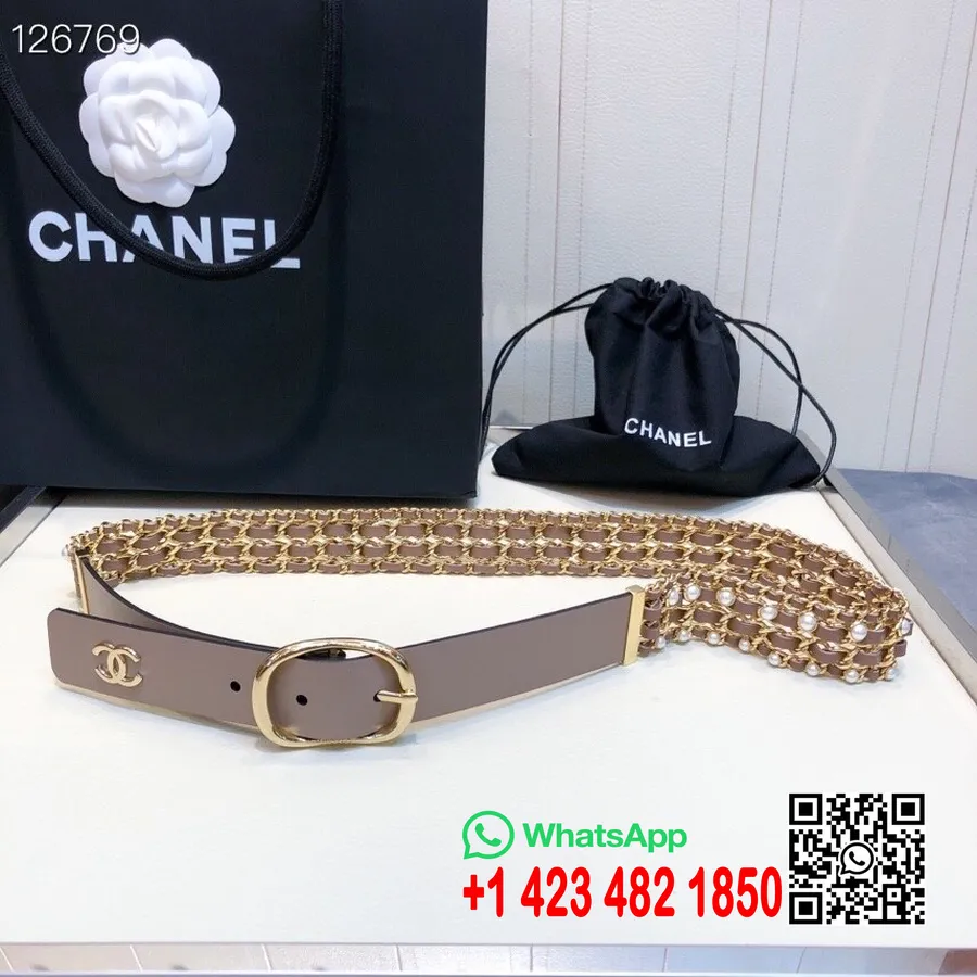 Chanel Pearl Chain Woven 3mm Belt Gold Hardware Telečje Usnje Kolekcija Jesen/zima 2020, Bež