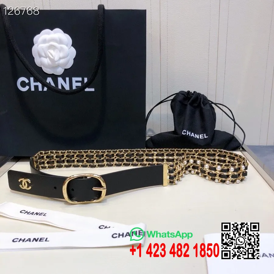 Chanel Pearl Chain Woven 3mm Belt Gold Hardware Telečje Usnje Kolekcija Jesen/zima 2020, črna