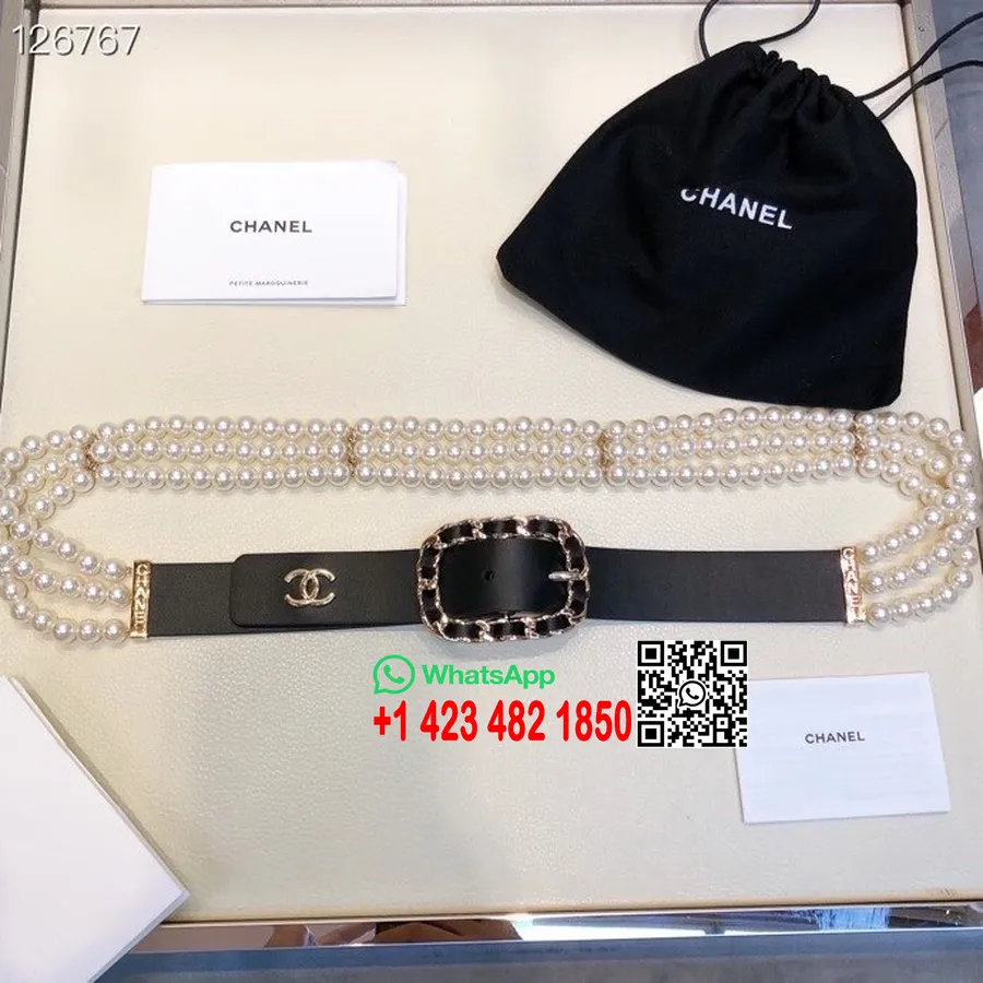 Chanel Pearl Belt Guld Hårdvara Kalvskinn Läder Höst/vinter 2020 Kollektion, Svart