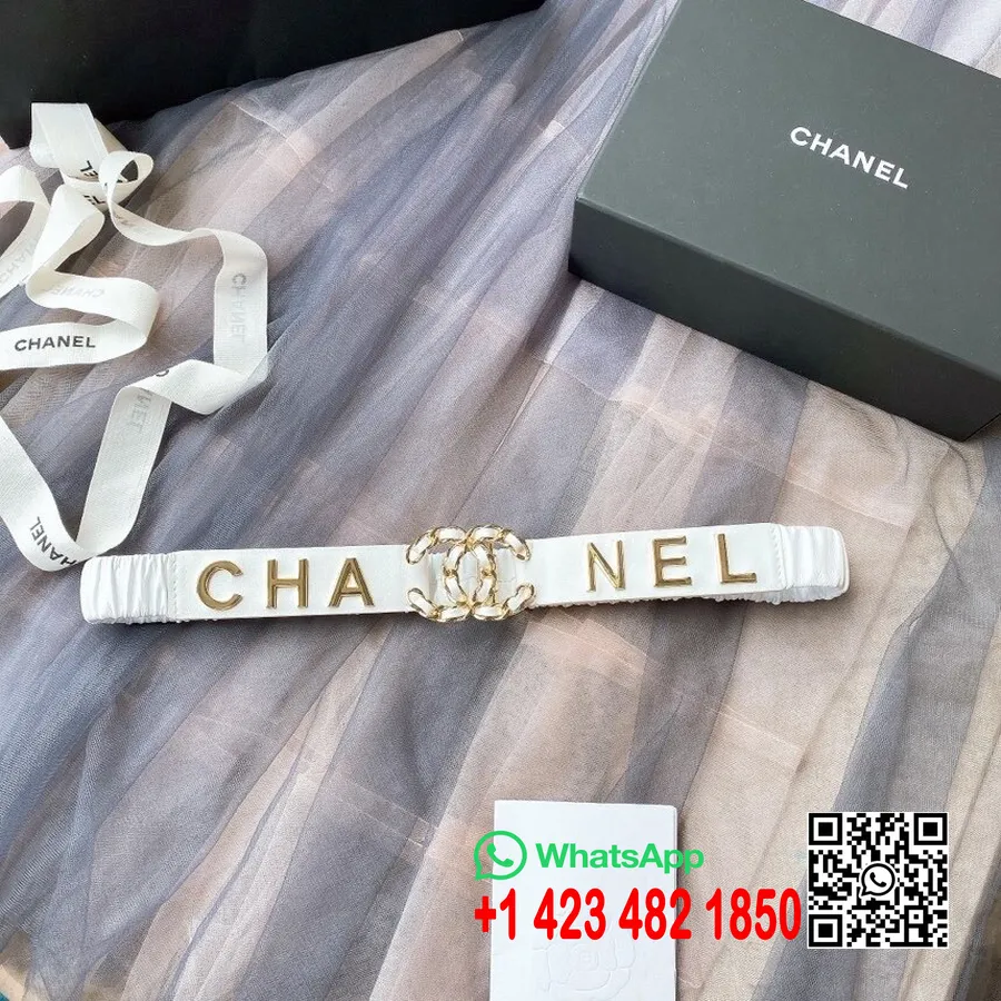 Тканый пояс Chanel с логотипом Cc, золотая фурнитура, коллекция весна/лето 2020, белый