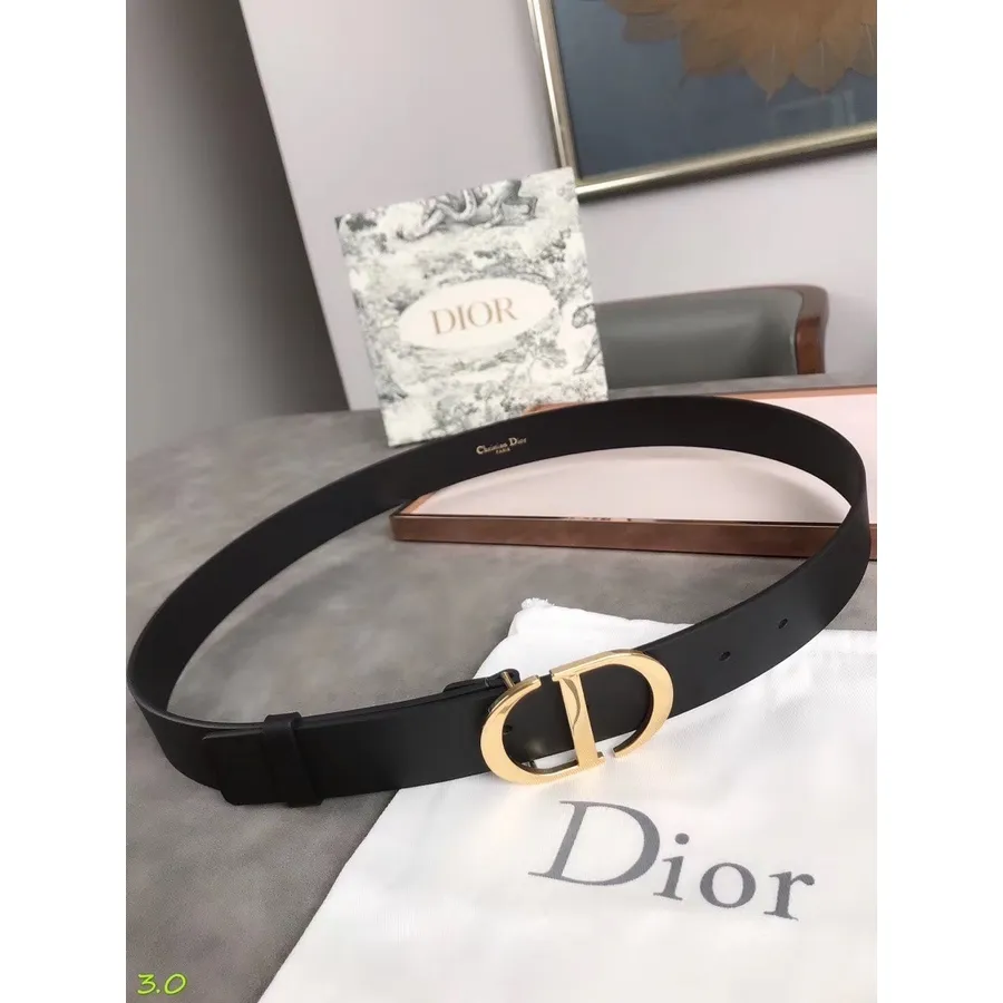 Christian Dior Montaigne Belte 3 Cm Gull Hardware Kalveskinn Høst/vinter 2020 Kolleksjon, Svart