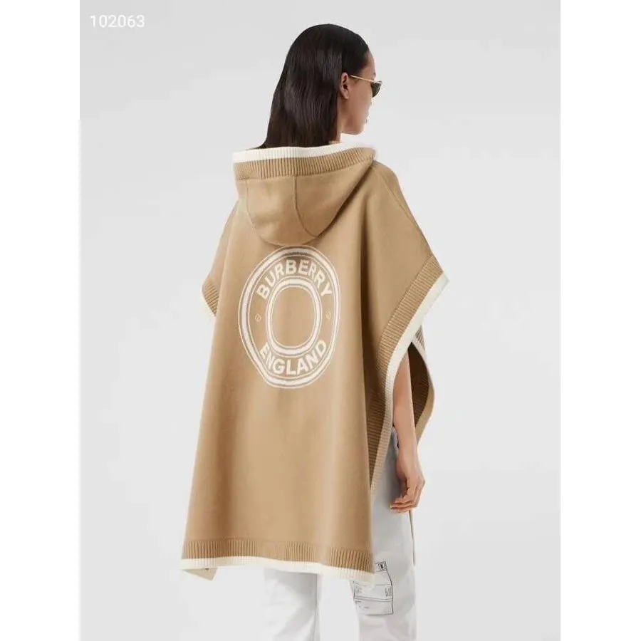 Burberry Logo Graphic Wool Cashmere Jacquard Hooded Cape Shawl/Cape Fall/Winter 2020 Collection, Tan/White