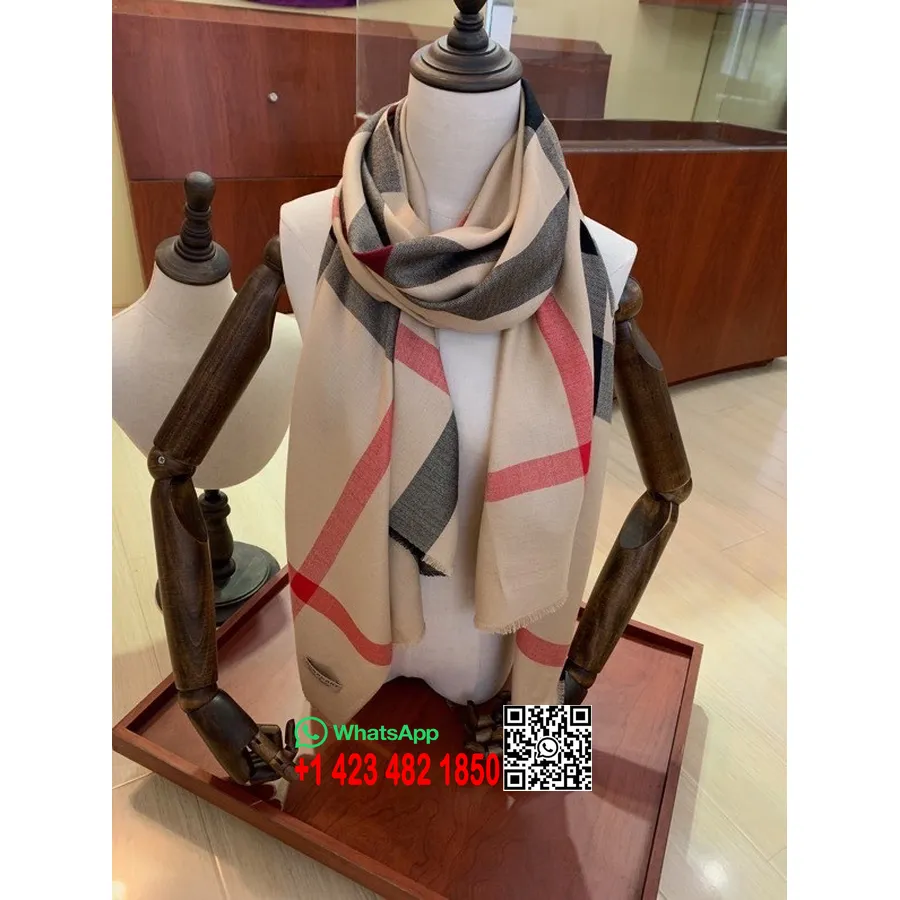 Syal Selendang Kasmir Cek Burberry Koleksi Musim Gugur/dingin 200cm 2020, Krem/merah