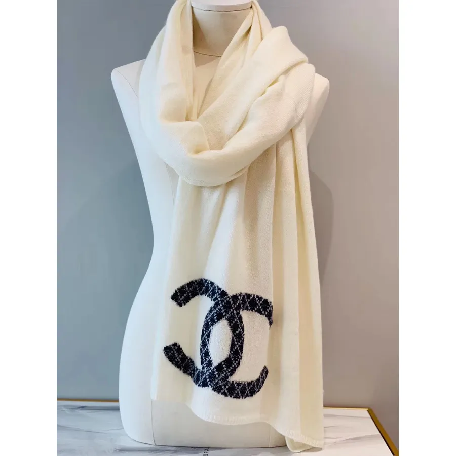 Lenço De Caxemira Chanel 200cm Coleção Outono/inverno 2019, Creme/preto