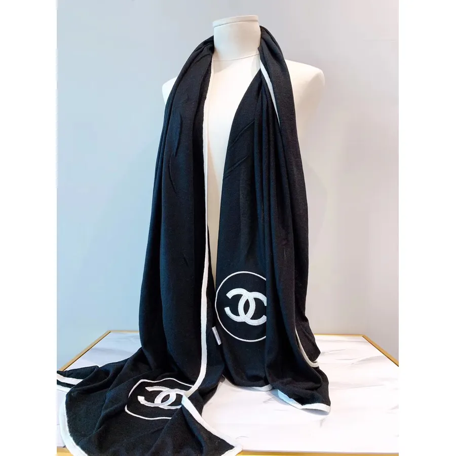 Chanel CC Logo Cashmere Scarf 200cm Fall/Winter 2019 Collection, Black/White