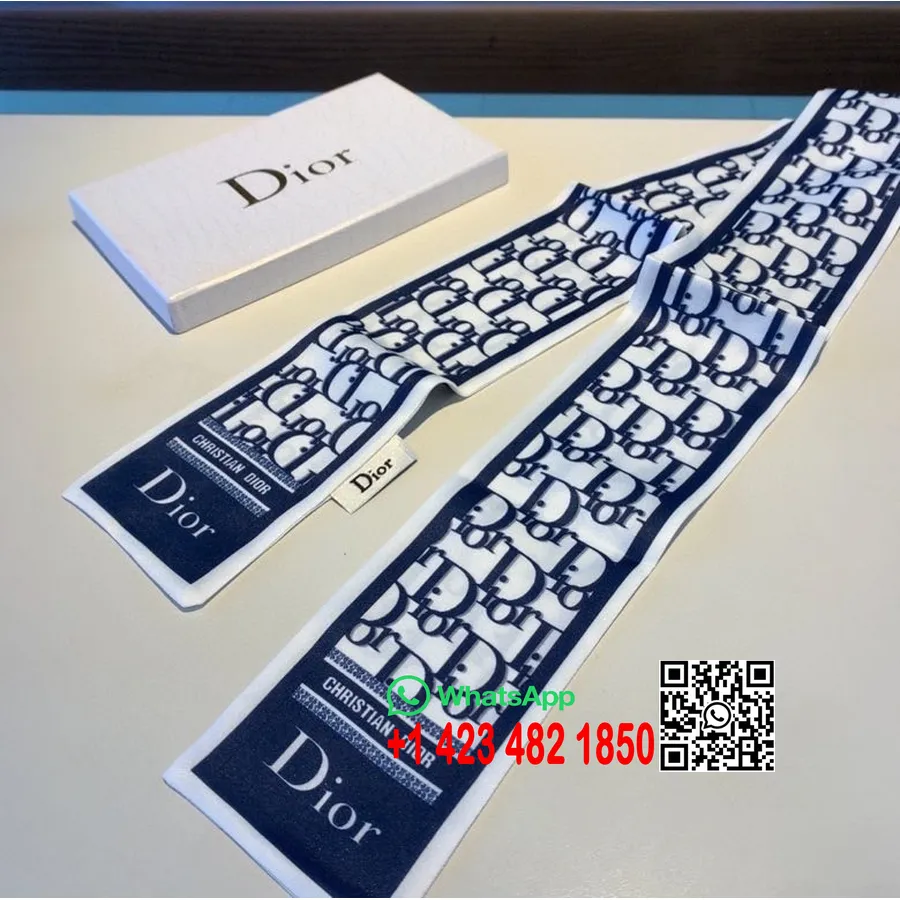 Christian Dior Oblique Twilly Scarf 120cm Fall/Winter 2020 Collection, White/Blue