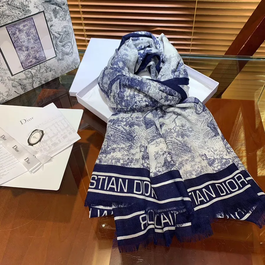 Christian Dior Toile de Jouy Shawl Scarf 195cm Fall/Winter 2019 Collection, Blue