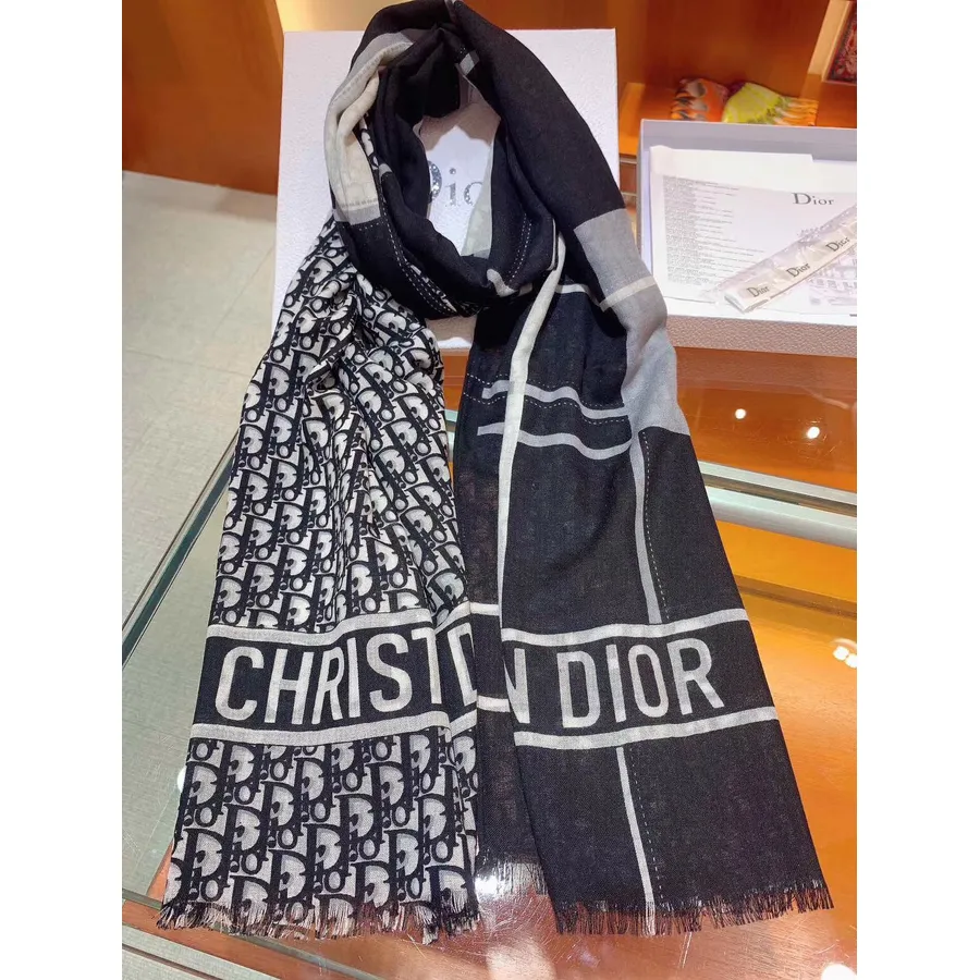 Christian Dior Kasmir/Syal Pinggiran Sutra Koleksi Musim Gugur/Dingin 200Cm 2019, Hitam/Abu-abu Muda