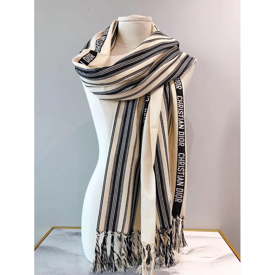 Christian Dior Cotton/Wool/Silk Scarf 200cm Fall/Winter 2019 Collection, Creme/Black