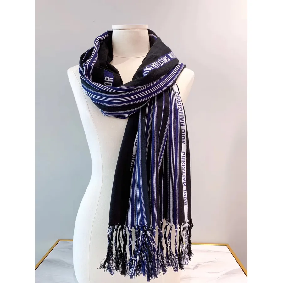 Christian Dior Cotton/Wool/Silk Scarf 200cm Fall/Winter 2019 Collection, Navy Blue/Black