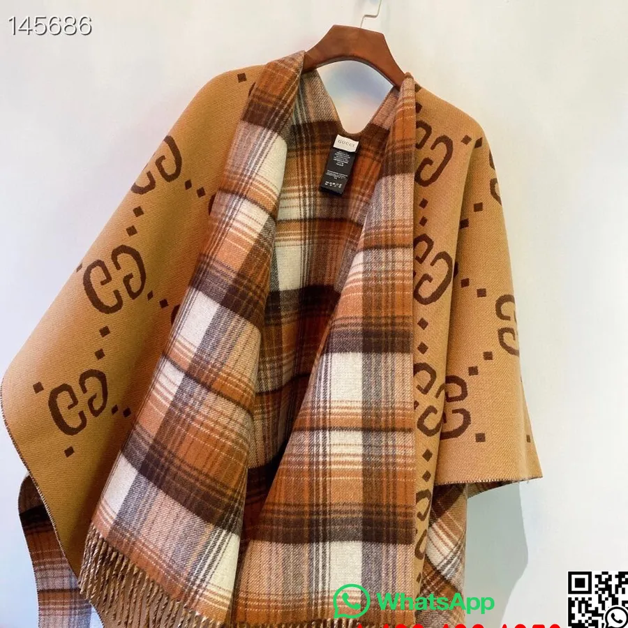 Gucci Reversible Gg Logo Wool Cape Poncho Selendang Koleksi Musim Gugur/dingin 2020, Tan