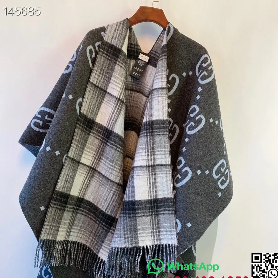 Gucci Reversible Gg Logo Wool Cape Poncho Selendang Koleksi Musim Gugur/dingin 2020, Hitam