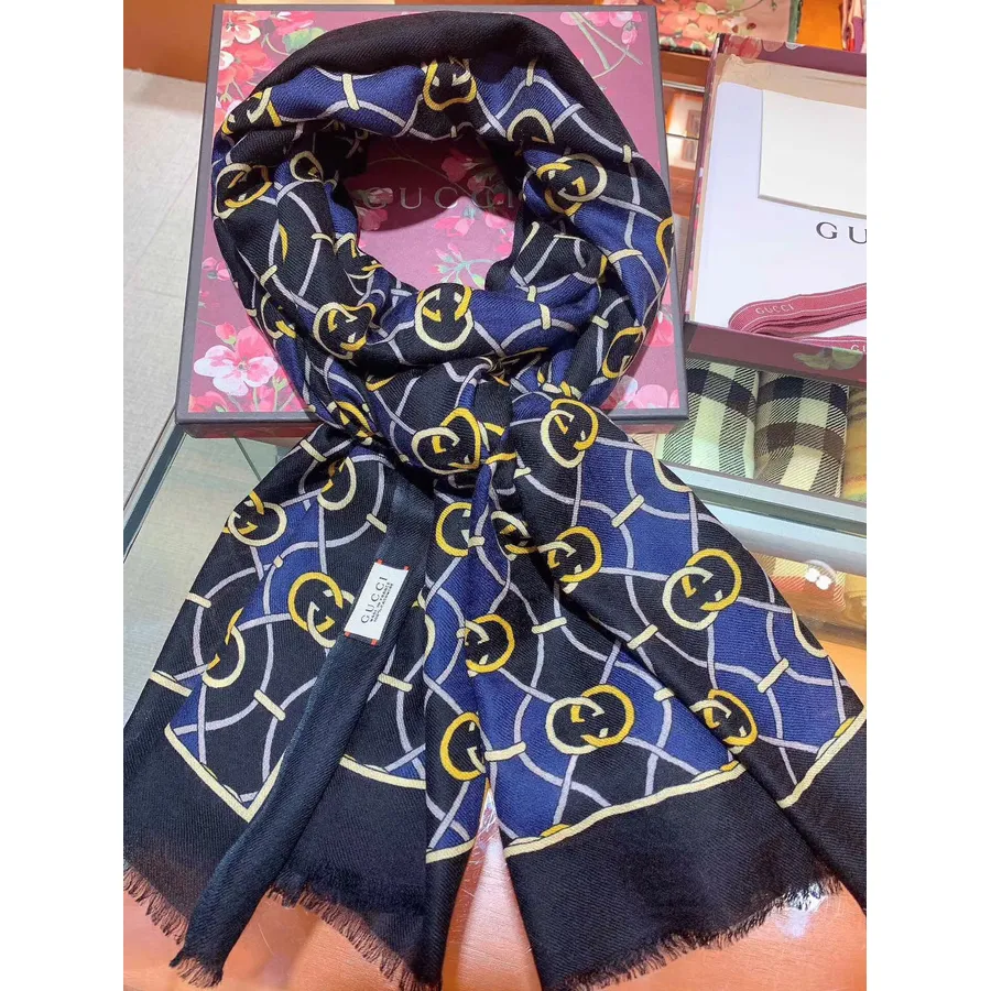 Gucci Gg Logo Motif Syal Kasmir Koleksi Musim Gugur/dingin 200cm 2019, Hitam/multi