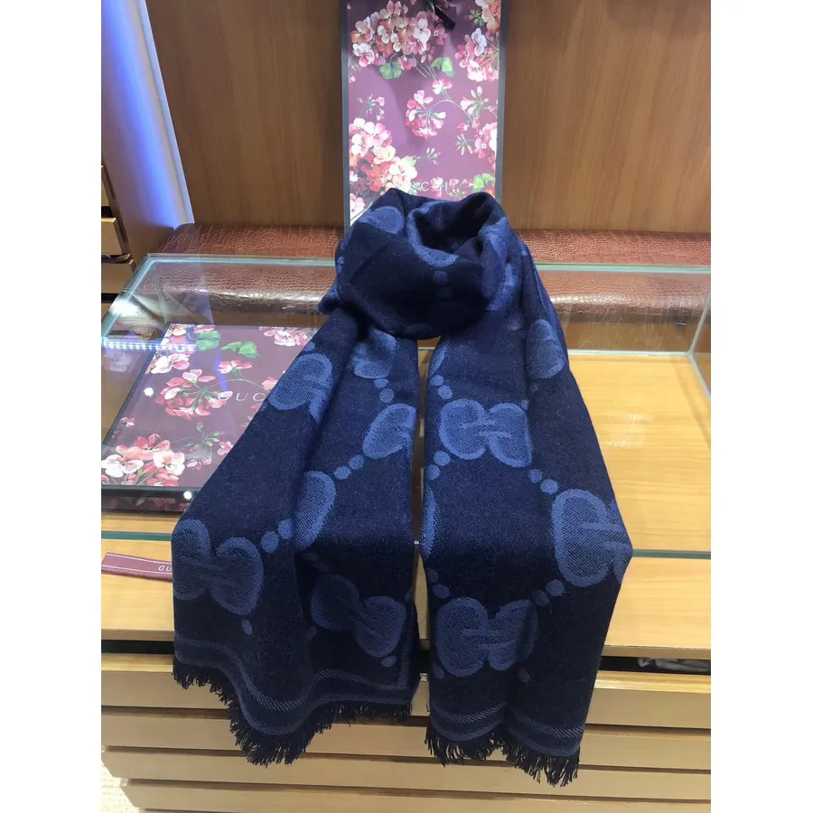 Gucci Gg Jacquard Syal Wol Sutra Koleksi Musim Gugur/dingin 180cm 2019, Biru Tua