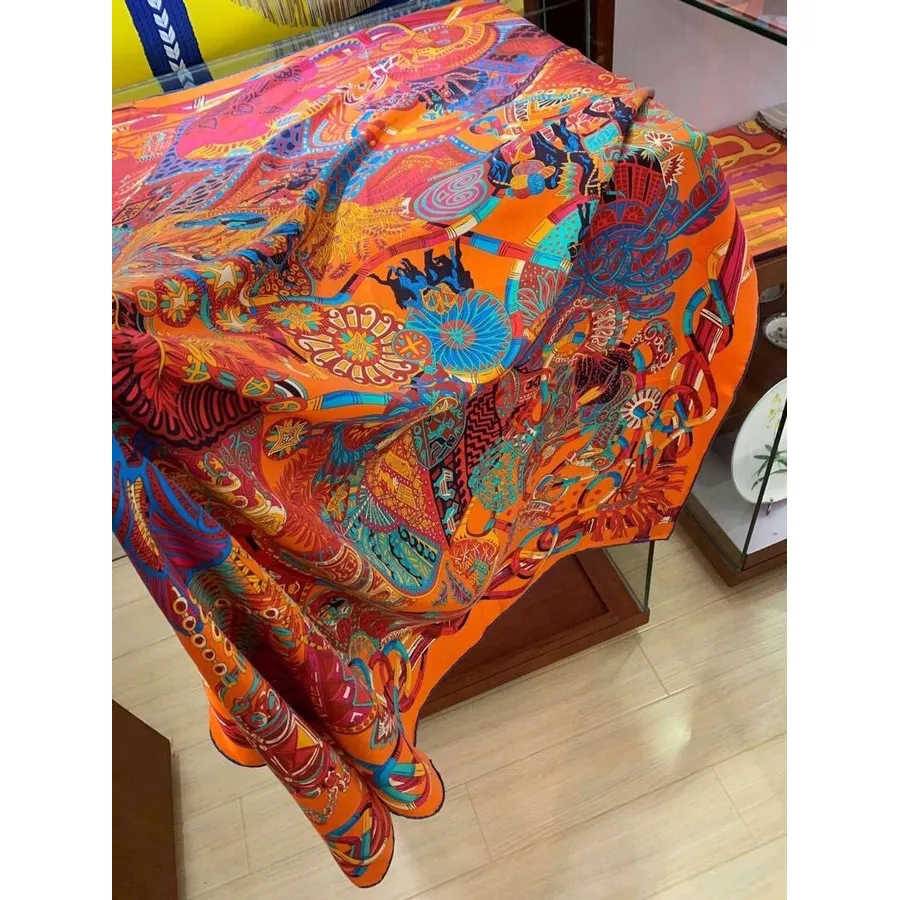 Lenço Hermes Ornamentos Xale 90cm Coleção Outono/inverno 2020, Laranja