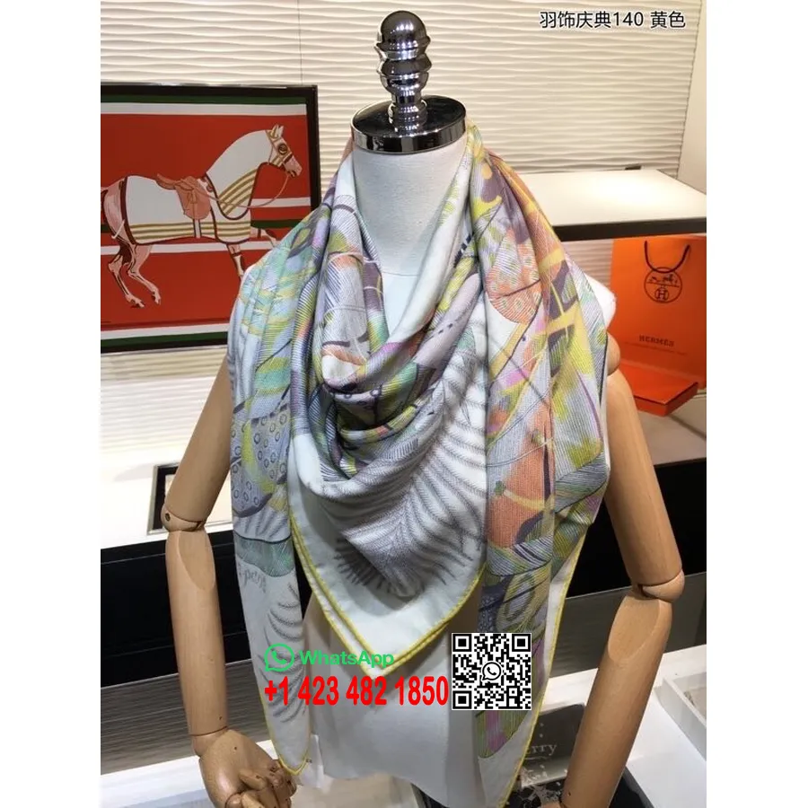 Hermes Plumes En Fete Selendang Syal 140cm Koleksi Musim Gugur/dingin 2020, Blanc/bleu/emas