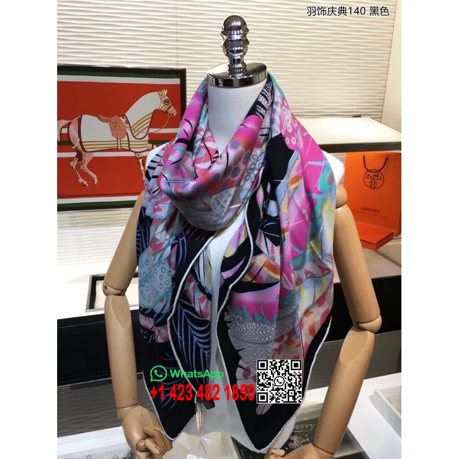 Hermes Plumes En Fete Selendang Syal 140cm Koleksi Musim Gugur/dingin 2020, Noir/fuchsia/vert/vieux Rose