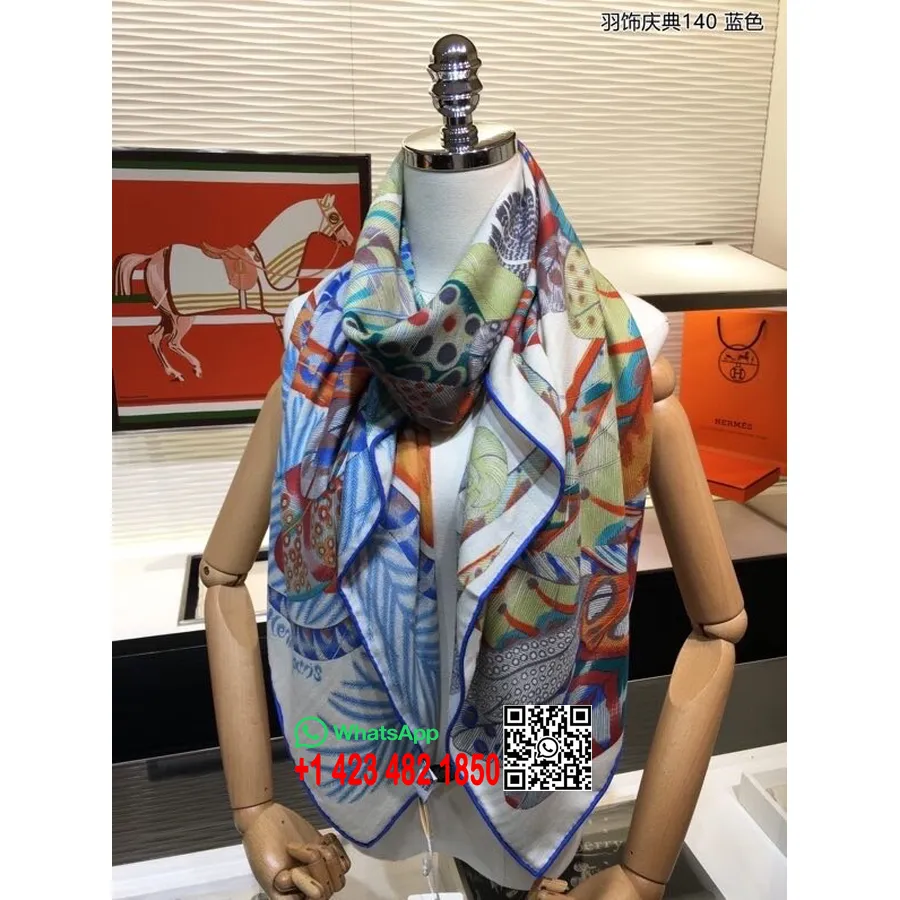 Hermes Plumes en Fete Shawl Scarf 140cm Fall/Winter 2020 Collection, Blanc/Bleu Royal/Gold