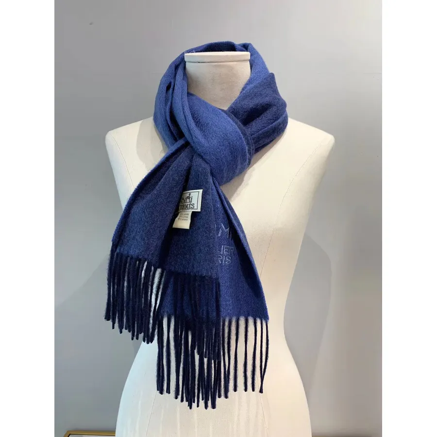 Hermes Sellier Paris Bordado Cashmere Franja Roubou Xale Envoltório Coleção Outono/inverno 2019, Azul Marinho