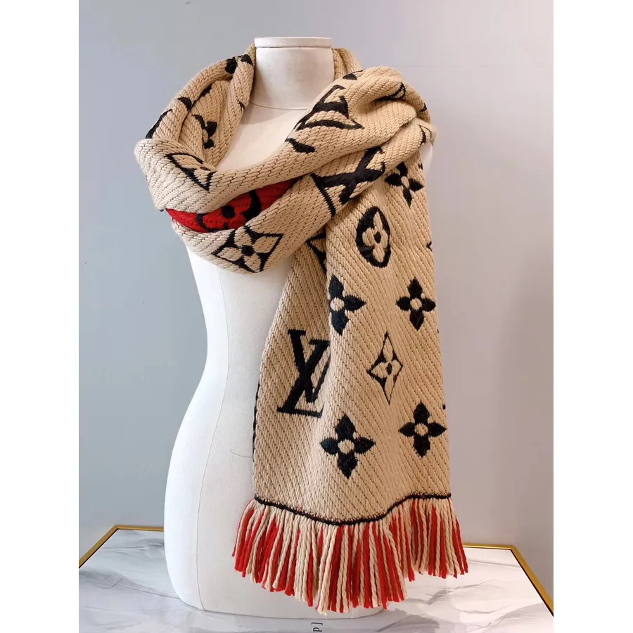 Louis Vuitton Logomania Monogram Yün/ipek Eşarp 180cm Sonbahar/kış 2019 Koleksiyonu M73886, Bej