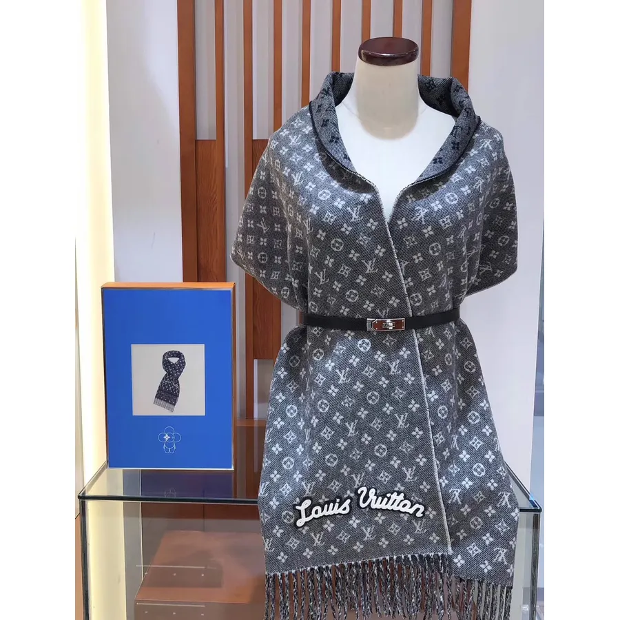 Syal Kasmir Kota Louis Vuitton Denimbellished 180cm Koleksi Musim Gugur/dingin 2019 M71351, Hitam/putih