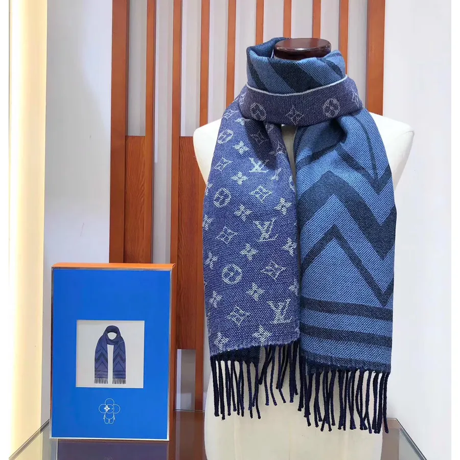 Louis Vuitton Switch City Wollen Sjaal 190cm Herfst/winter 2019 Collectie M70935, Donkerblauw/grijs/blauw