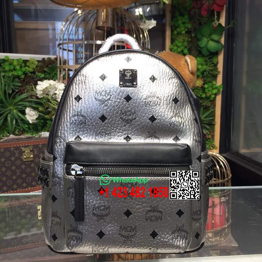 MCM Studded Backpack 24cm Calfskin Leather Spring/Summer 2018 Collection, Silver