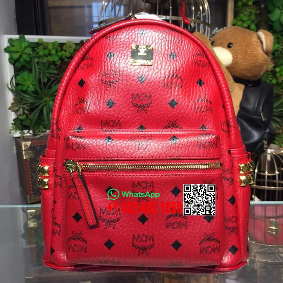 MCM Studded Backpack 24cm Calfskin Leather Spring/Summer 2018 Collection, Red