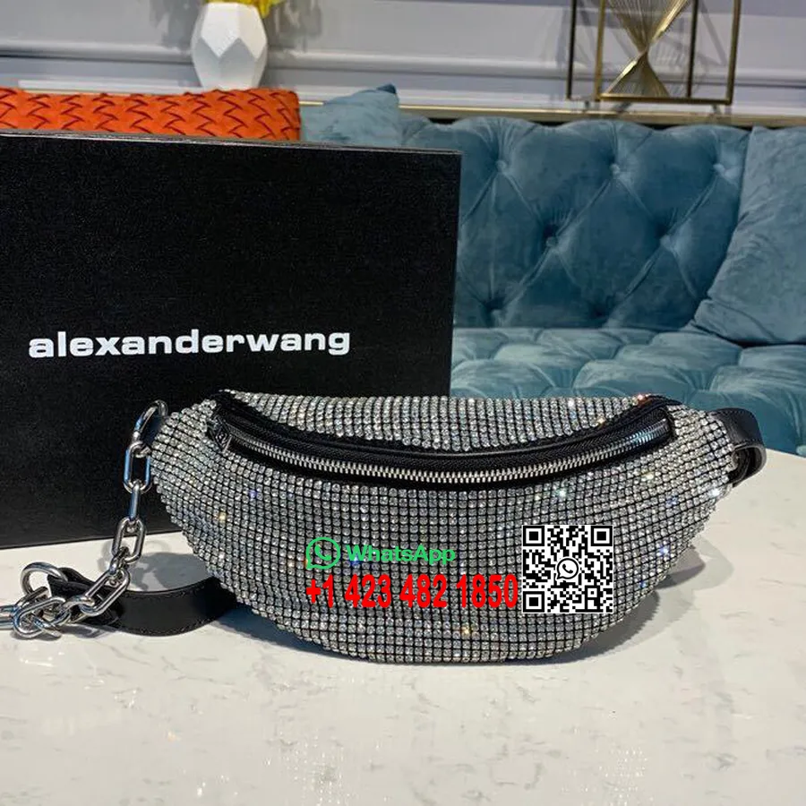 Alexander Wang Attica чанта за колан с 28 см кристална верига от телешка кожа, колекция пролет/лято 2019, черен/сребрист кристал