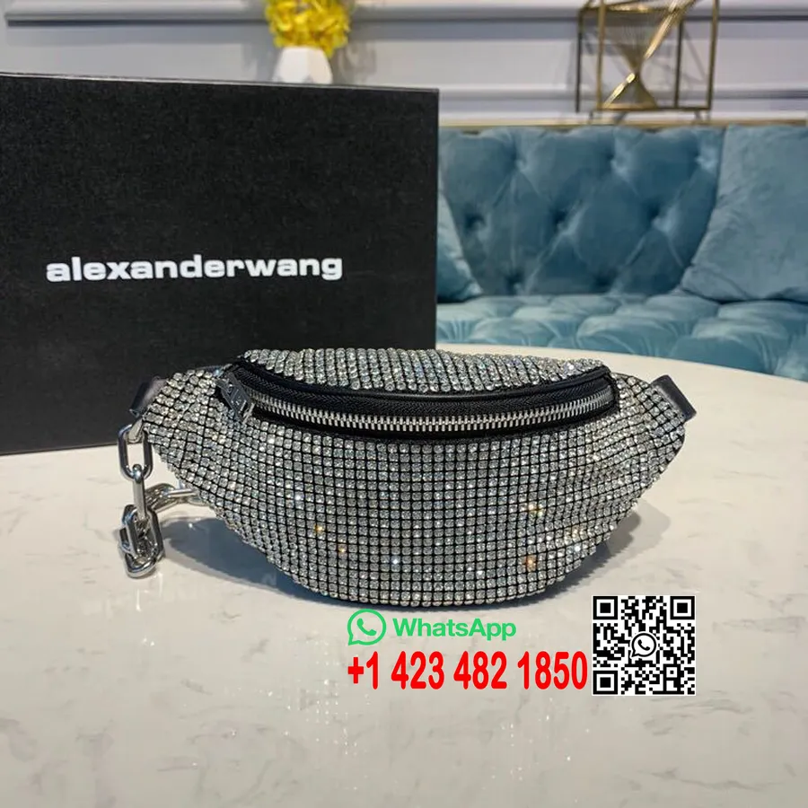 Alexander Wang Attica Cinto Bolsa 22cm Corrente De Cristal Malha Couro De Bezerro Coleção Primavera/verão 2019, Strass Preto/pra