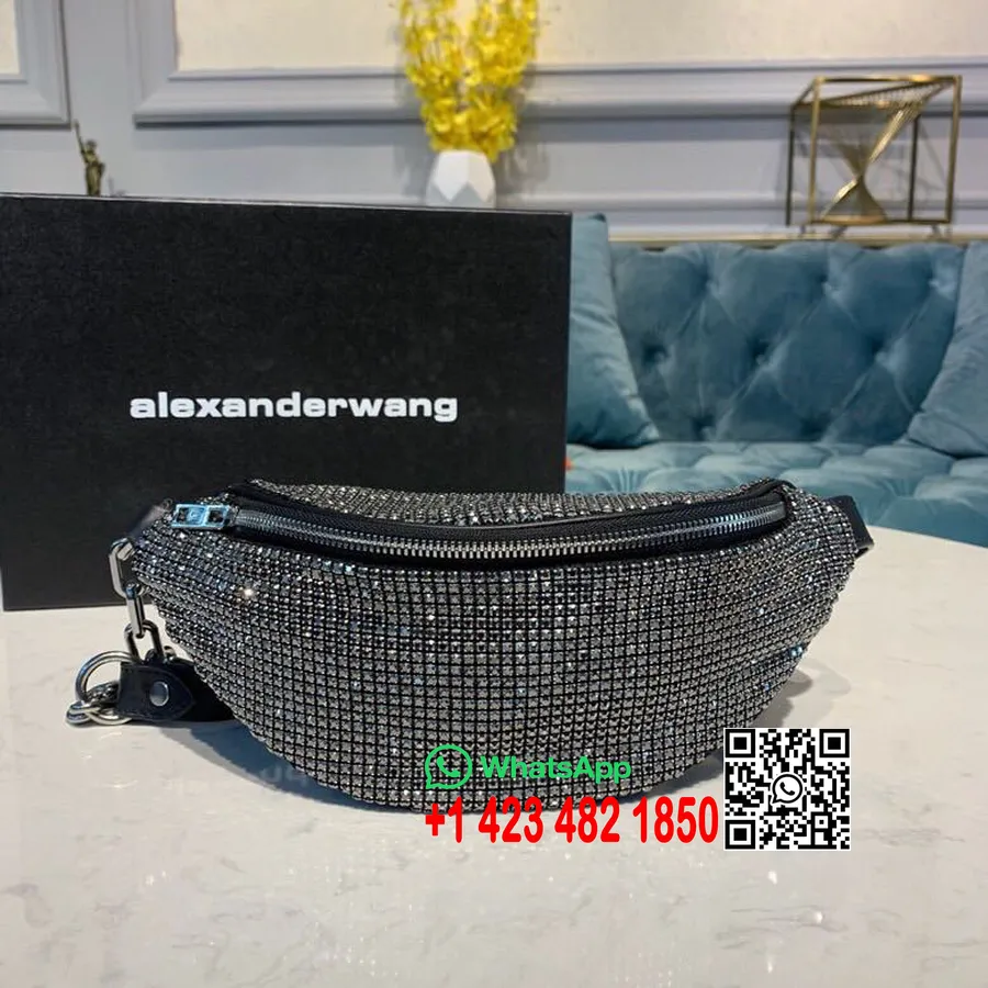 Alexander Wang Attica Cinto Bolsa 28cm Corrente De Cristal Malha Couro De Bezerro Coleção Primavera/verão 2019, Preto/prata