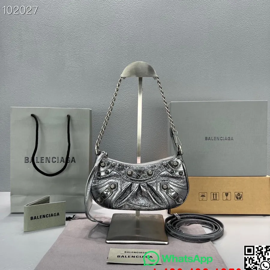 Borsa Balenciaga Le Cagole Mini Con Catena 20cm 92718 Arena Pelle Di Agnello Stropicciata Hardware Argento Invecchiato Collezion