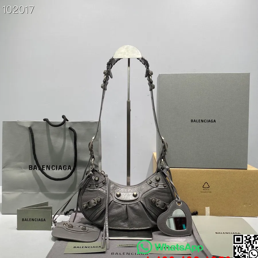 Borsa A Tracolla Balenciaga Le Cagole Xs 30cm 92718 Arena Pelle Di Agnello Stropicciata Hardware Argento Invecchiato Collezione