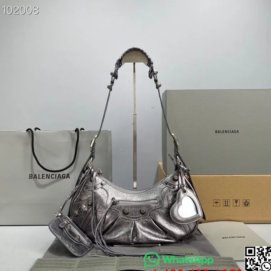 Balenciaga Le Cagole Liten Skulderveske 30cm 92718 Arena Rynket Lammeskinn Alderen Sølv Hardware Høst/vinter 2022 Samle