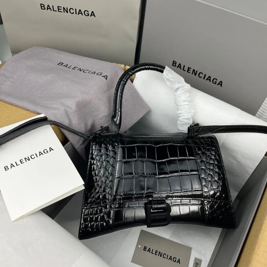 Balenciaga Liivakellakott 23cm 92940 Krokodilli Reljeefne Vasikanahk Must Riistvara Kevad/suvi 2022 Kollektsioon, Must