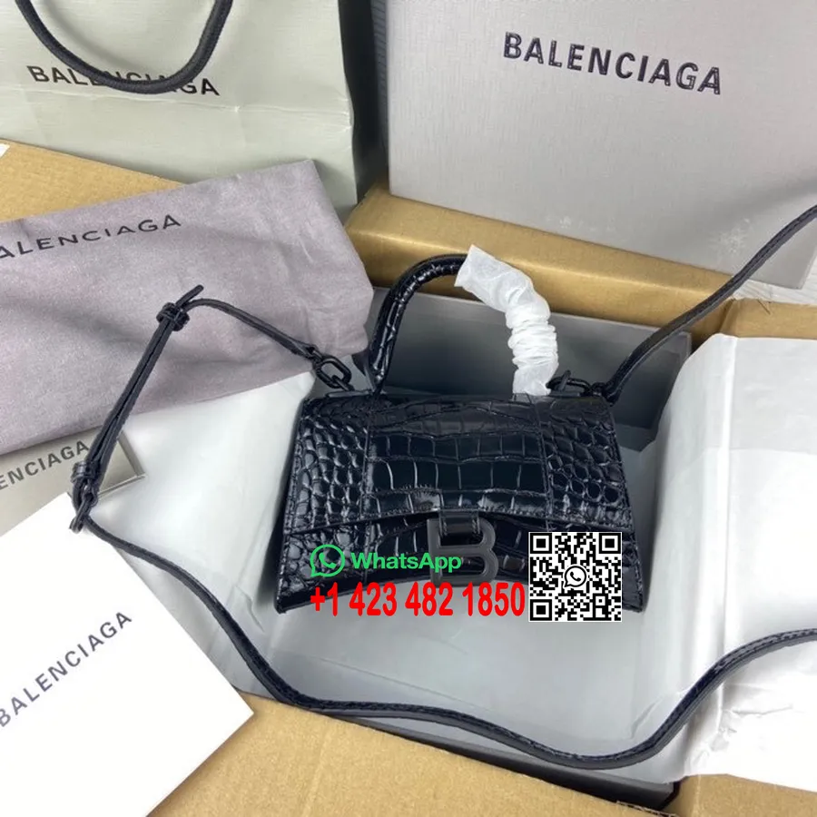 Balenciaga Timeglass Bag 20cm 92940 Krokodillepreget Kalveskinn Svart Hardware Vår/sommer 2022 Kolleksjon, Svart