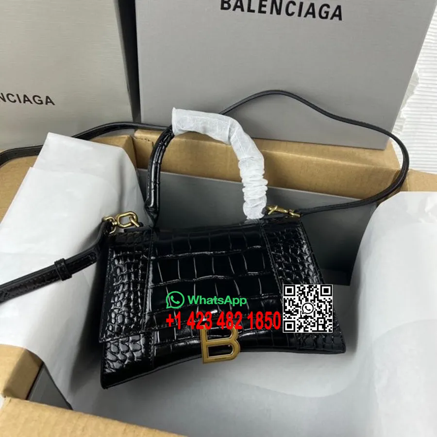 Balenciaga Liivakellakott 23cm 92940 Krokodill Reljeefne Vasikanahk Kullast Riistvara Kevad/suvi 2022 Kollektsioon, Must