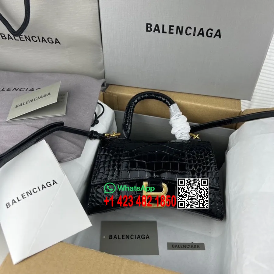 Balenciaga Timeglass Bag 20cm 92940 Krokodillepreget Kalveskinn Gull Hardware Vår/sommer 2022 Kolleksjon, Svart