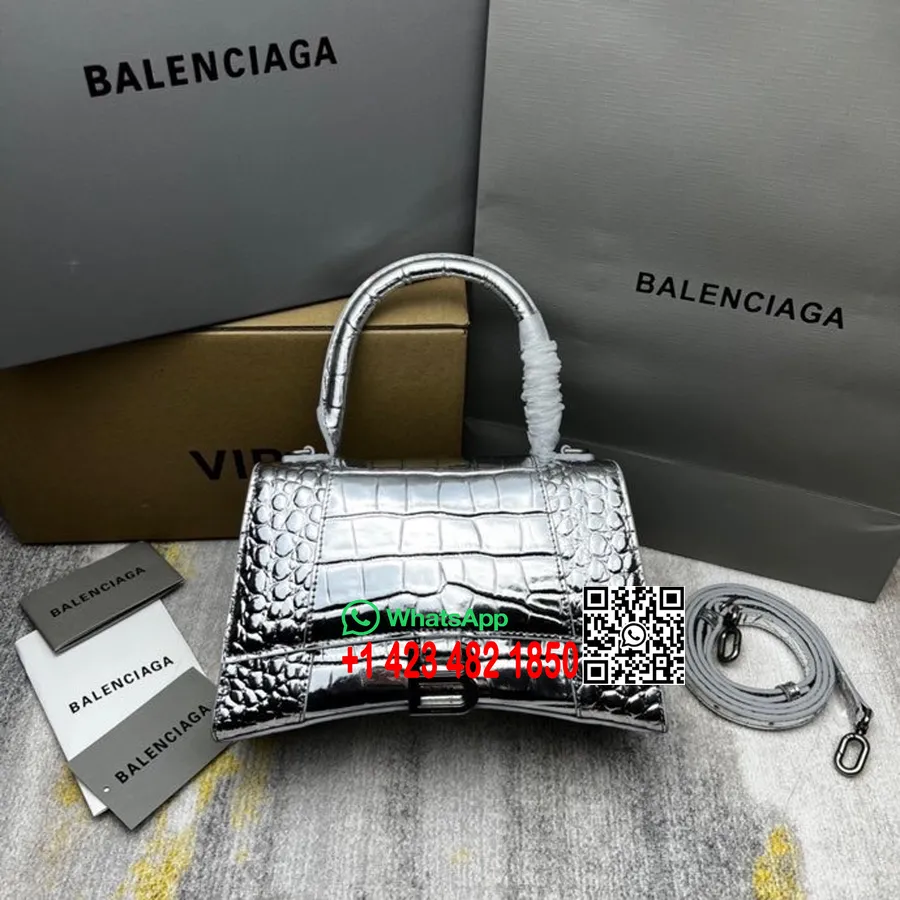 Balenciaga Liivakellakott 23cm 92940 Krokodilliga Reljeefne Vasikanahast Hõbedane Riistvara Kevad/suvi 2022 Kollektsioon, Hõbe