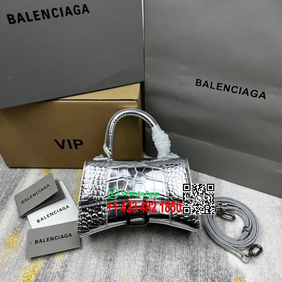 Balenciaga Timeglass Bag 20cm 92940 Krokodillepreget Kalveskinn Sølv Hardware Vår/sommer 2022 Kolleksjon, Sølv