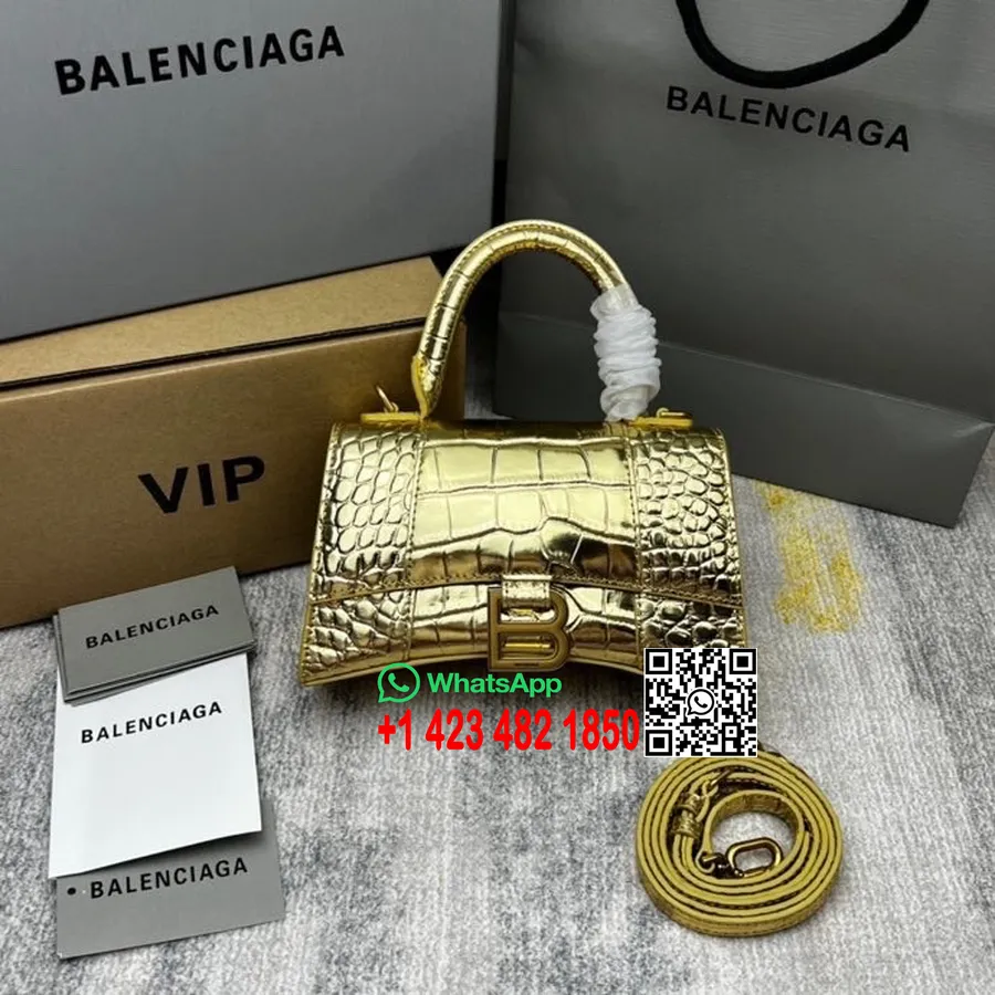 Balenciaga Timeglass Bag 20cm 92940 Krokodillepreget Kalveskinn Gull Hardware Vår/sommer 2022 Kolleksjon, Gull