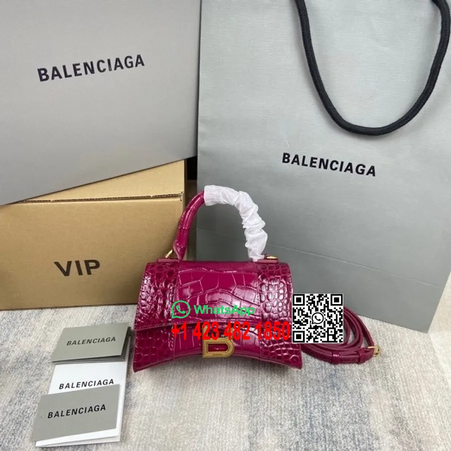 Balenciaga Timeglass Bag 20cm 92940 Krokodillepreget Kalveskinn Gull Hardware Vår/sommer 2022 Kolleksjon, Fushia